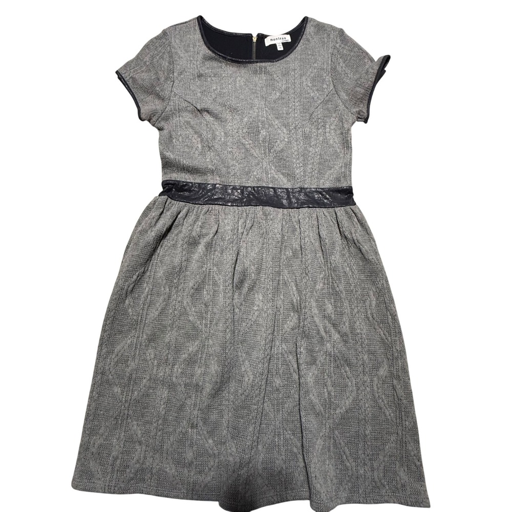 Monteau Dress Gray Diamond Knit Faux Leather Trim Preppy